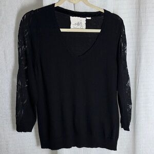 Anthropologie M-L Black V-Neck Wool Blend Fine Knit Quarter Lace Sleeve Sweater